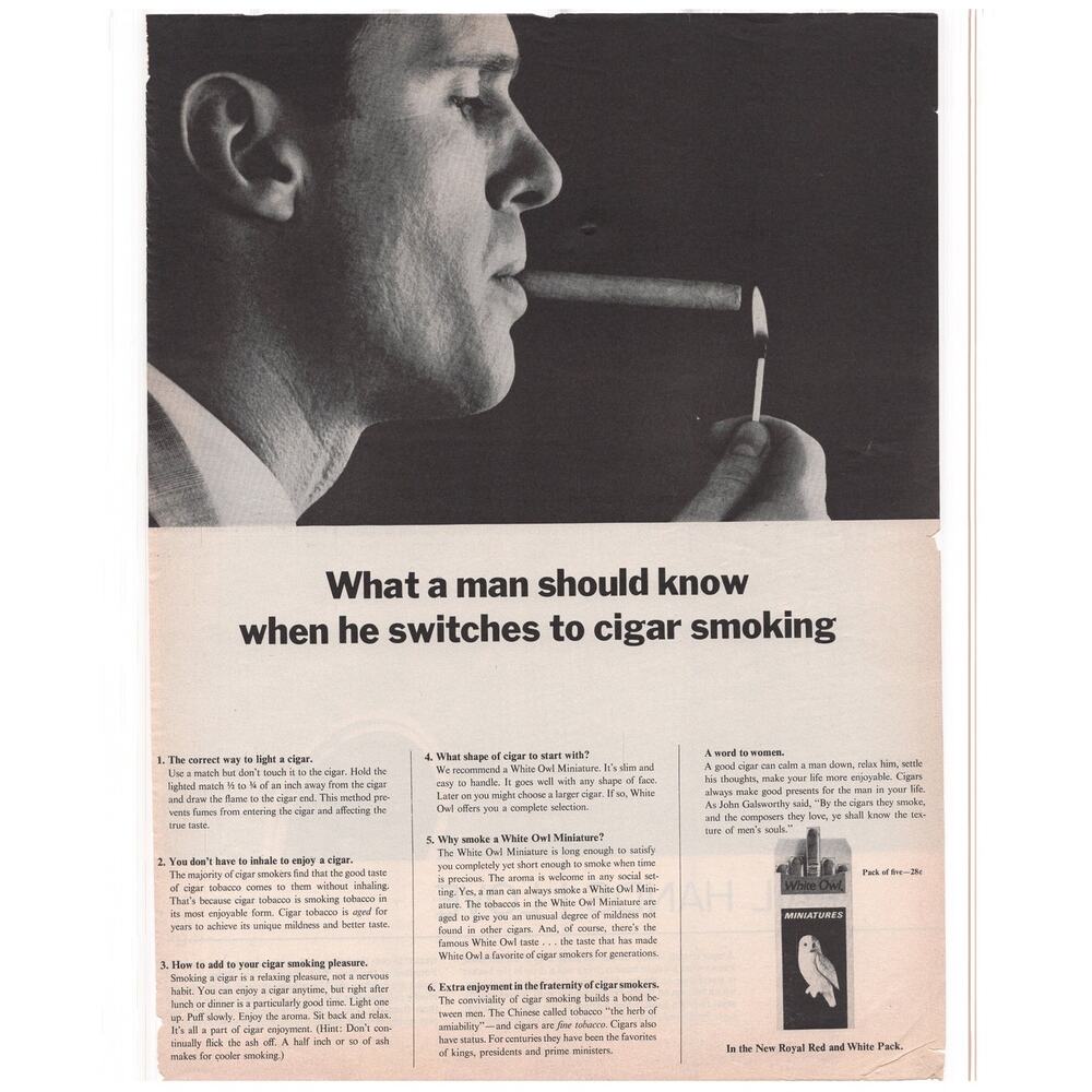 White Owl Miniature Cigar Magazine Advertisement Vintage Tobacciana Smoking